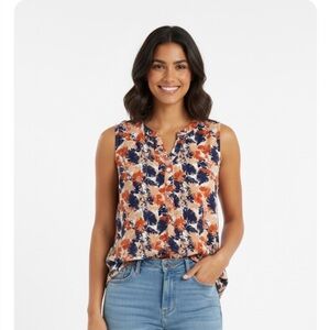 SHANA Leaf Print Top, Women’s L, Orange Navy Peach on White Background